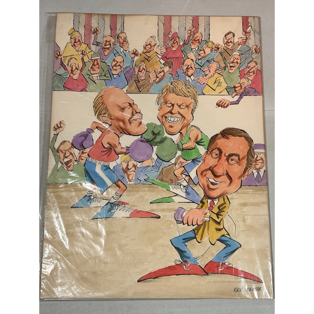 Vintage Bill Clinton George Bush Boxing Political Cartoon By Eric Leichter 12x16